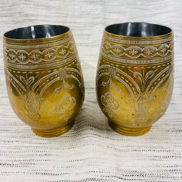 None and/or Unknown Other - Vintage Brass Aluminum Etched Decorated Cups Candle Holders 4" Tall - Set of 2